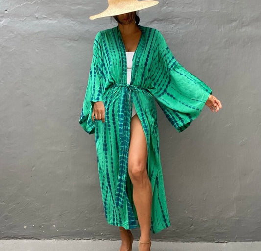 Claire Tropical Green & Sun Washed Beige Goddess Robe- versatile beach and day wear cover up