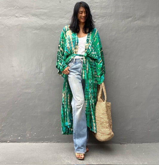 Claire Tropical Green & Sun Washed Beige Goddess Robe- versatile beach and day wear cover up