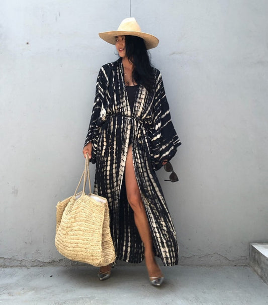 Zara Black & Beige Goddess Robe- Versatile beach & day wear cover- up